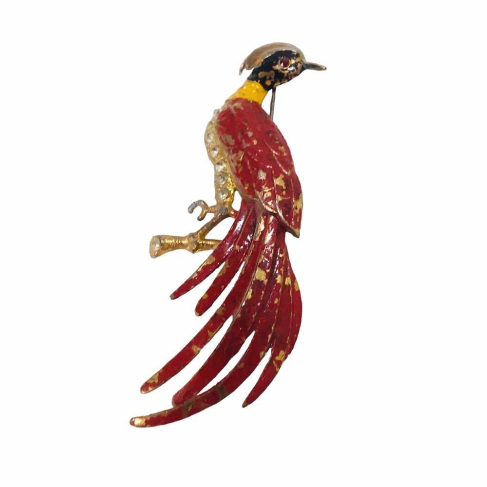 Vtg Brooch Pin Rhinestones Colorful Bird Costume Jewelry 1950's Hand Painted USA